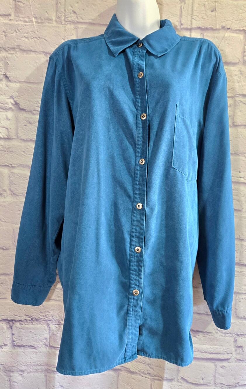 Chico's Design Blue Faux Suede Button Up Top 3 XL Lightweight Soft